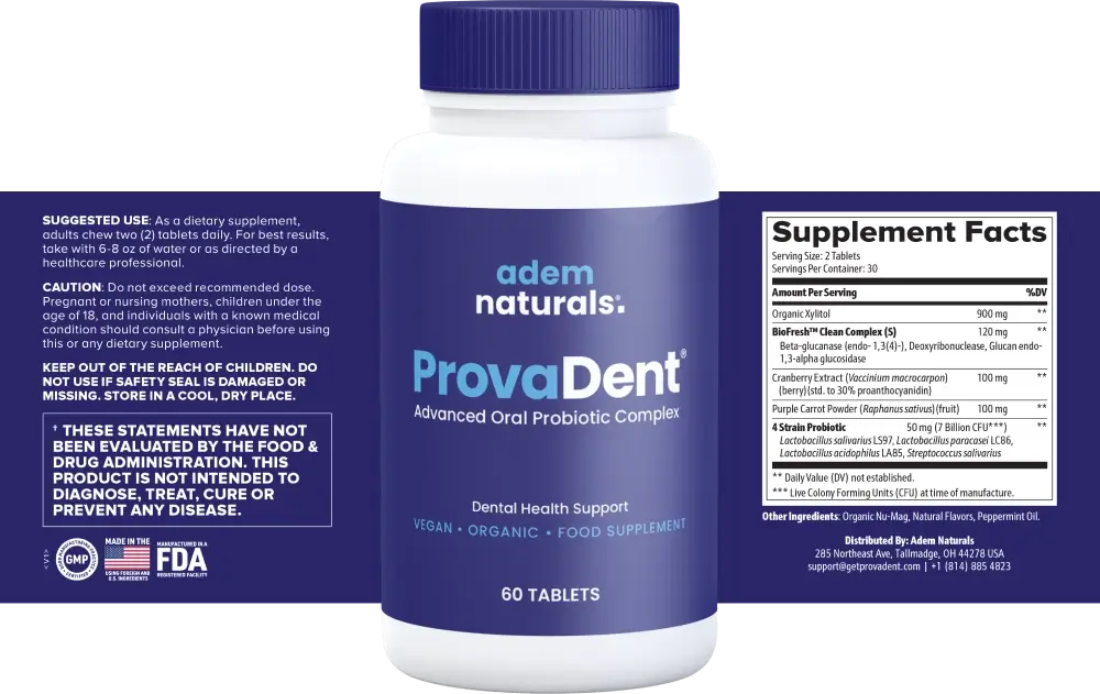 Close-up of the ProvaDent bottle label, highlighting its natural oral health formula