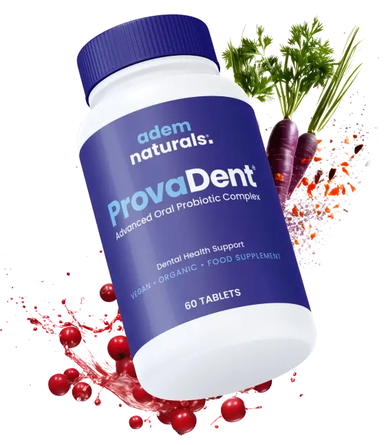 ProvaDent bottle with natural ingredients in the background, highlighting its oral health benefits.